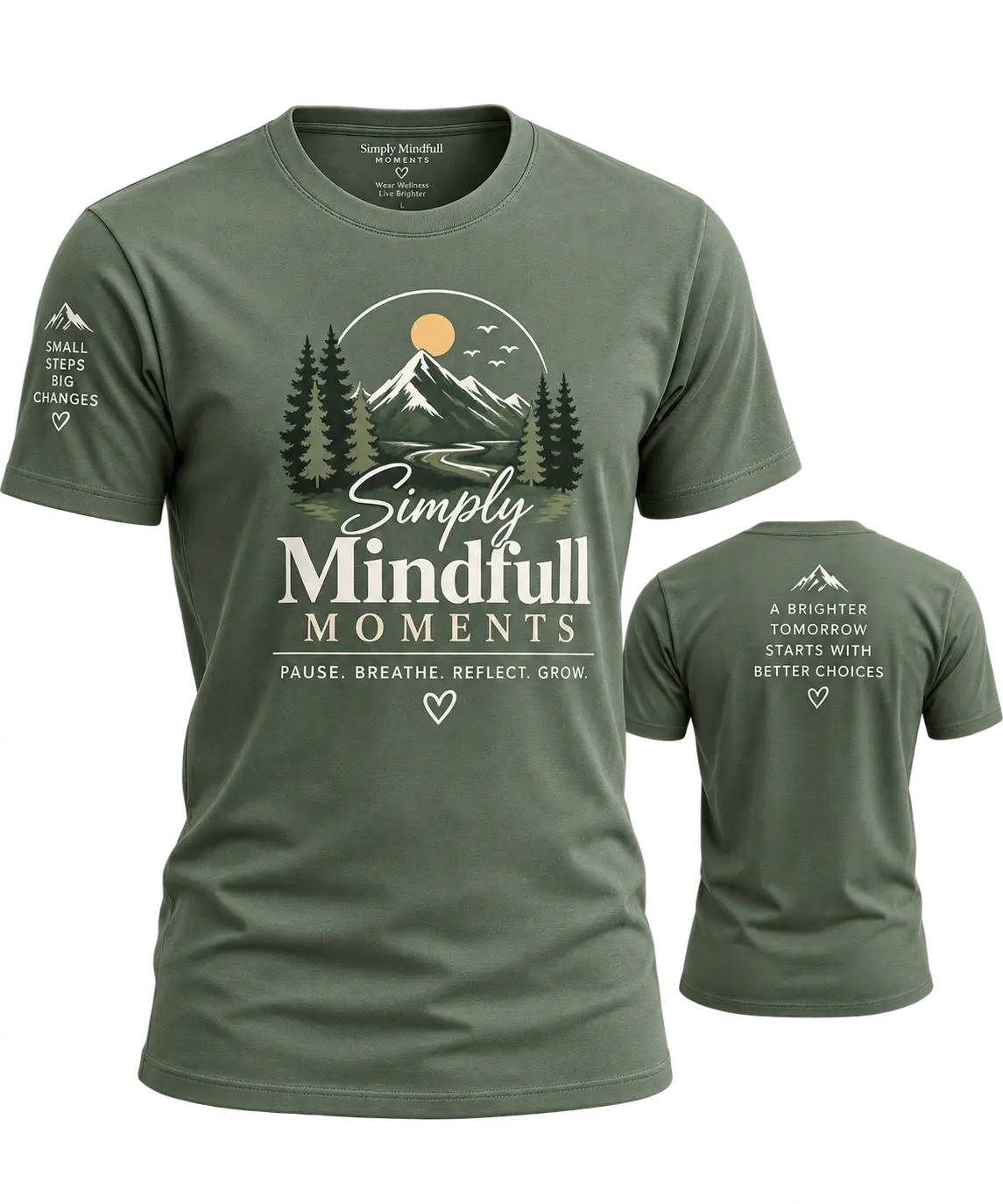 Sage green men's T-shirt with Simply Mindfull Moments branding and mountain artwork