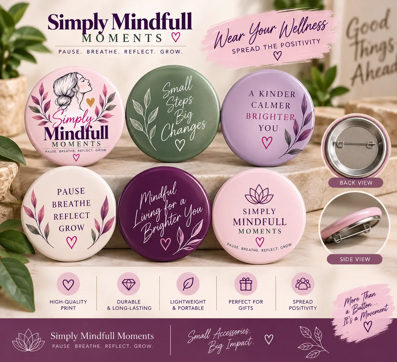 Simply Mindfull Moments motivational button pin set with wellness affirmations