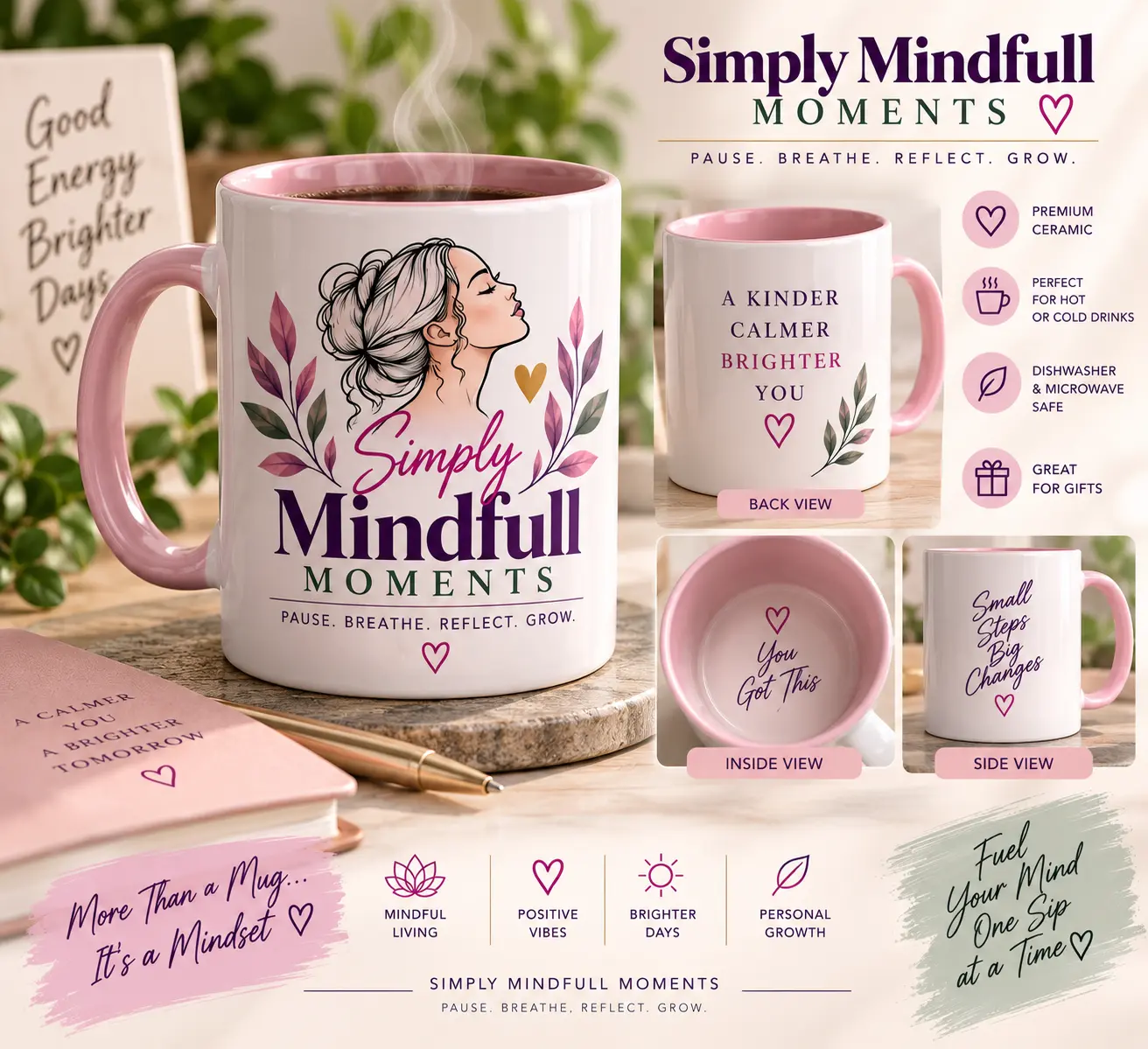 Blush Simply Mindfull Moments ceramic mug with botanical artwork