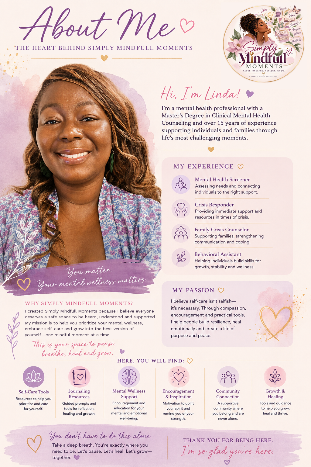 Simply Mindfull Moments founder Linda Asare, M.S., with a short note about her background in mental health screening, crisis response and family support