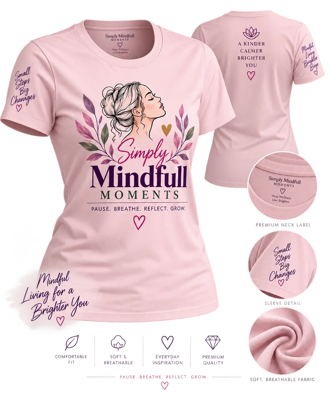 Blush pink women's T-shirt with Simply Mindfull Moments branding and botanical artwork