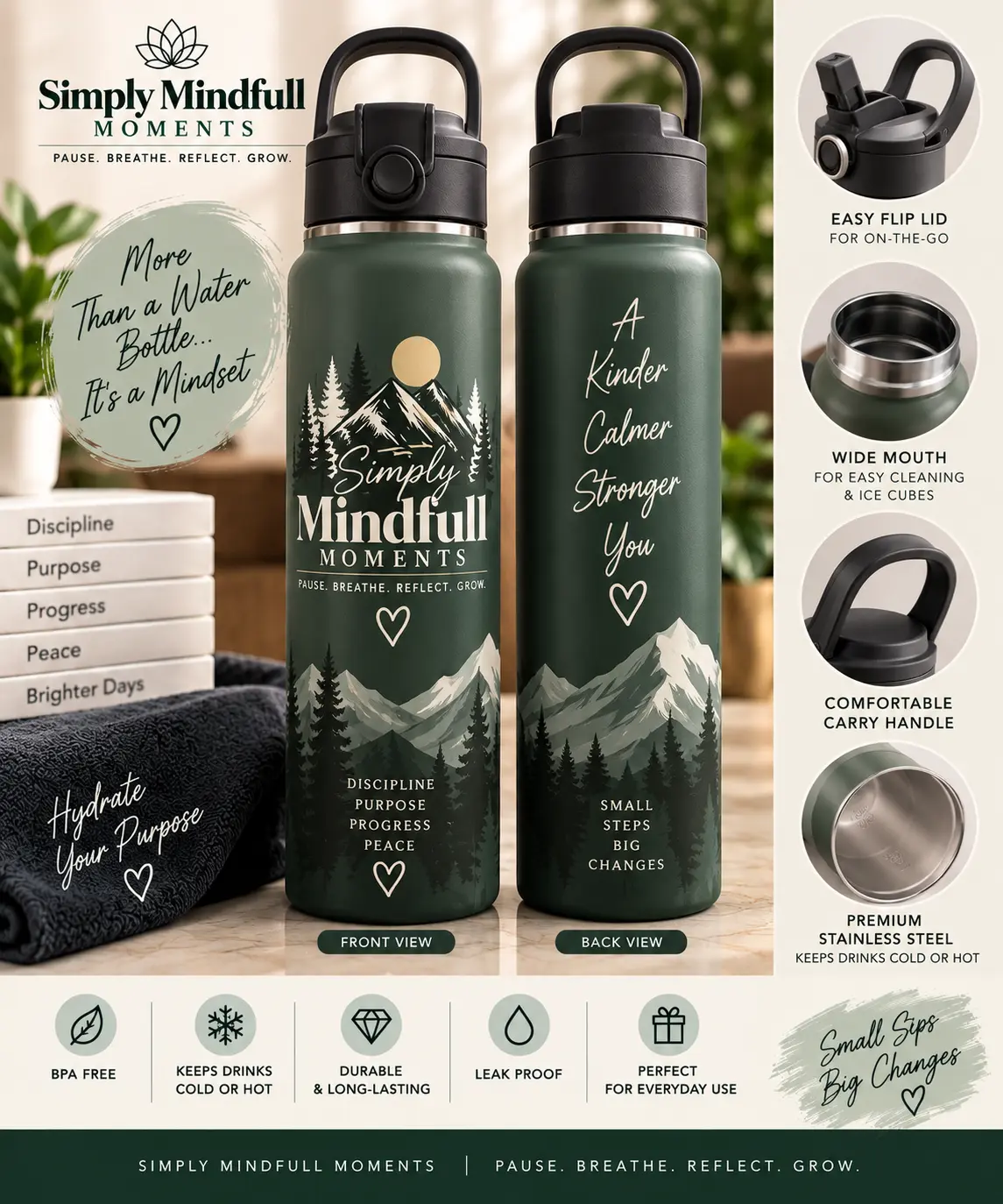 Sage and forest Simply Mindfull Moments insulated water bottle