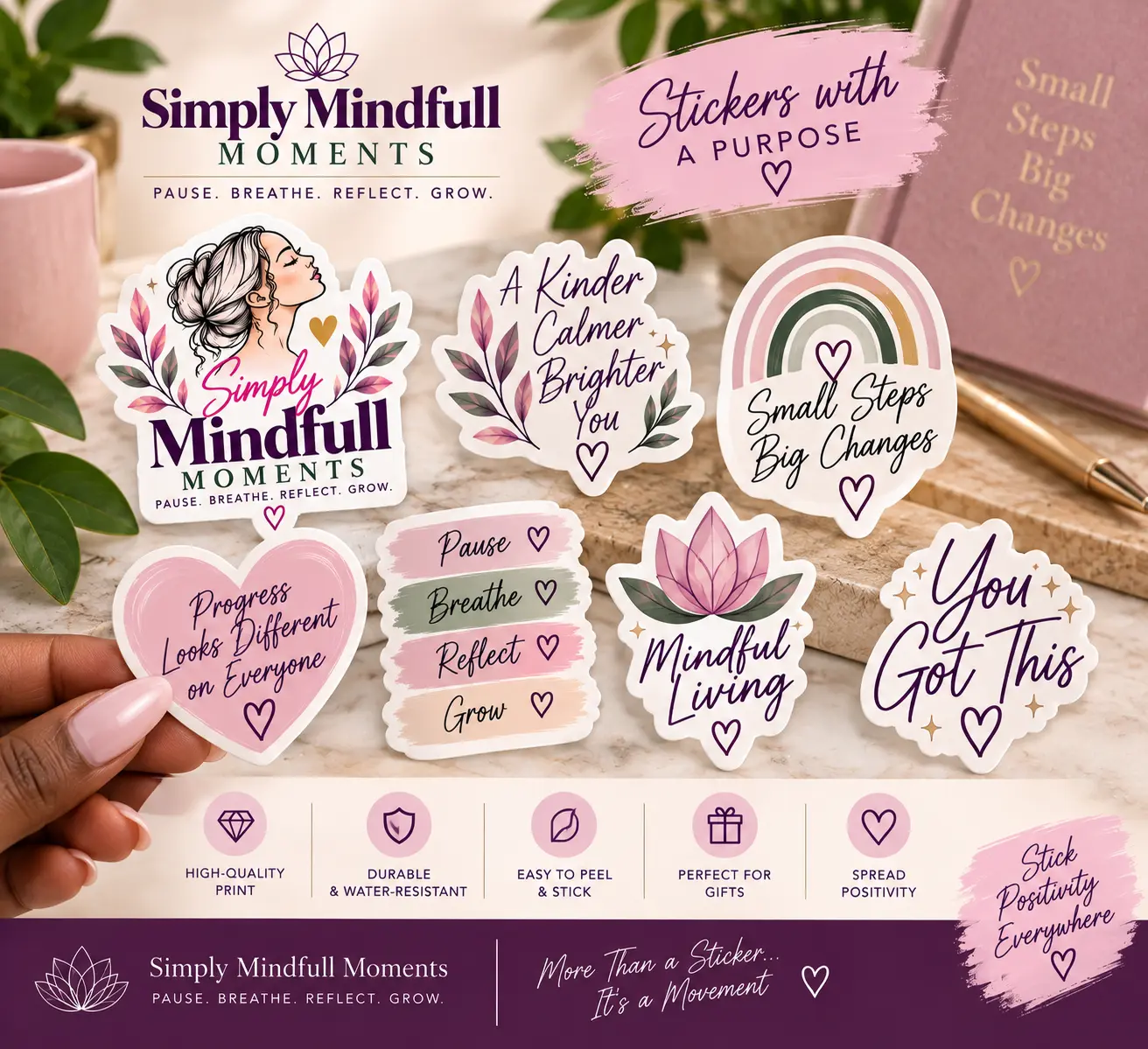 Blush and lavender Simply Mindfull Moments sticker pack with self-care affirmations