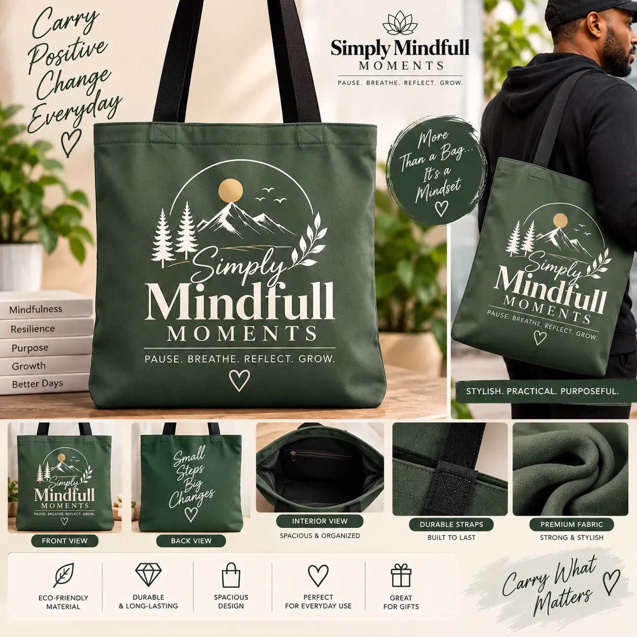 Sage green Simply Mindfull Moments tote bag with mountain artwork
