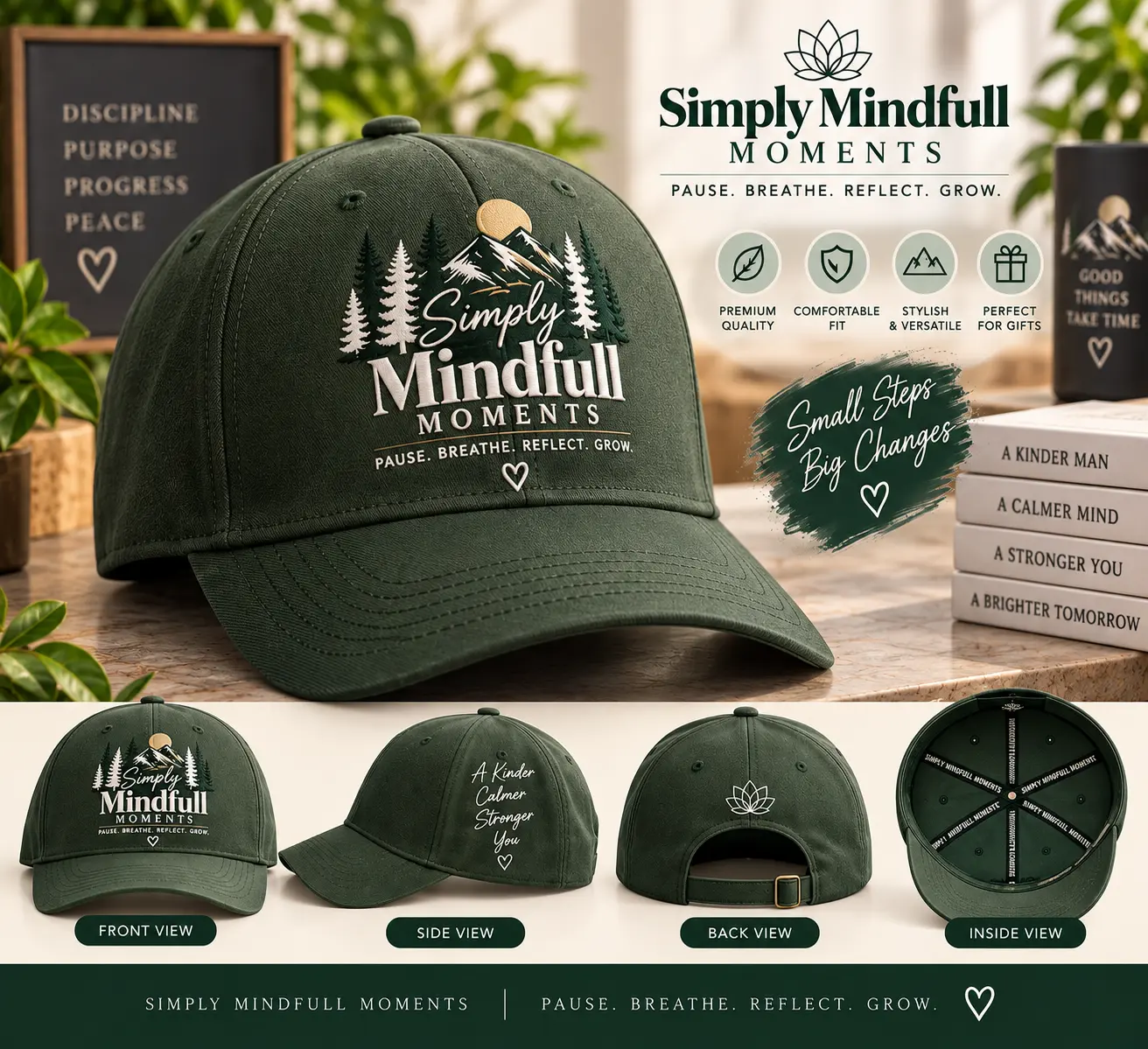 Forest green Simply Mindfull Moments cap with mountain artwork
