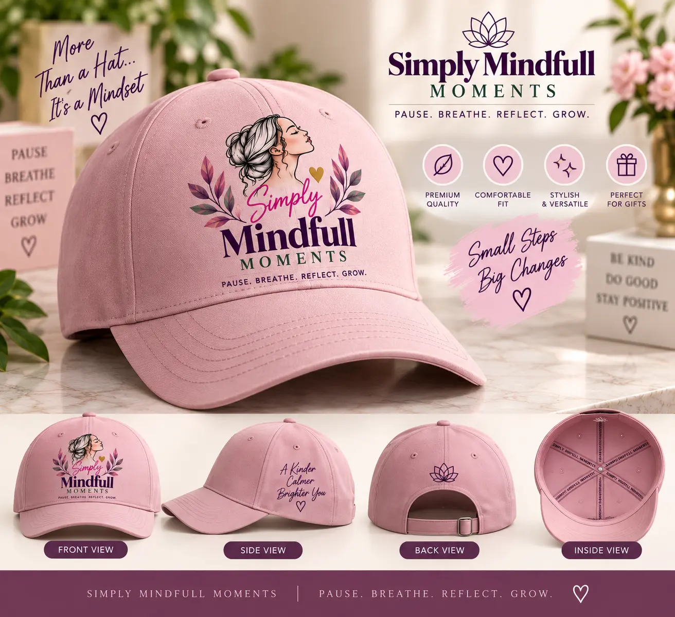 Blush Simply Mindfull Moments cap with botanical artwork
