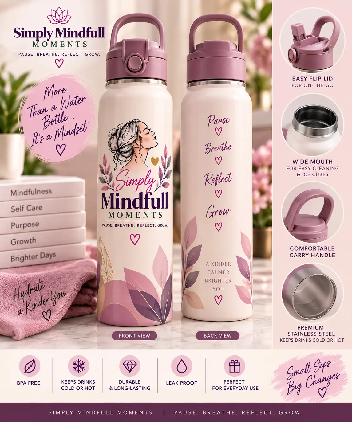 Blush and lavender Simply Mindfull Moments insulated water bottle