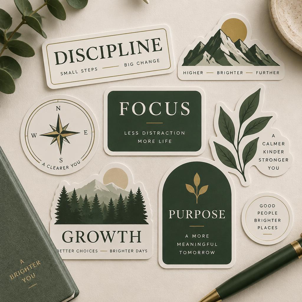 Sage and forest sticker pack with discipline, focus, growth and purpose messages