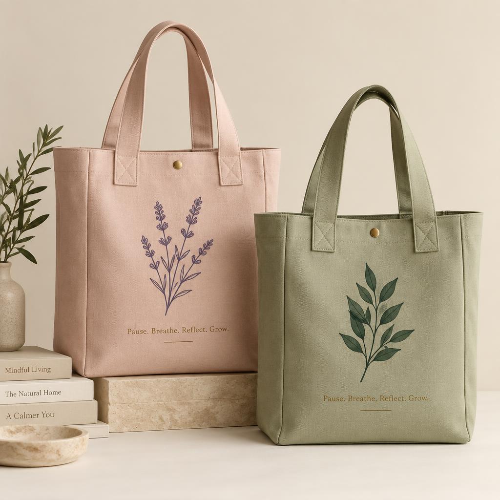 Blush and sage Simply Mindfull Moments tote bags shown without models